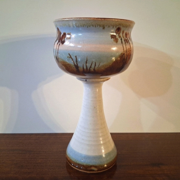 Signed Bonnie Staffel Pottery Chalice Goblet Wine Tropical Seascape Ocean Sunset - Picture 6 of 16